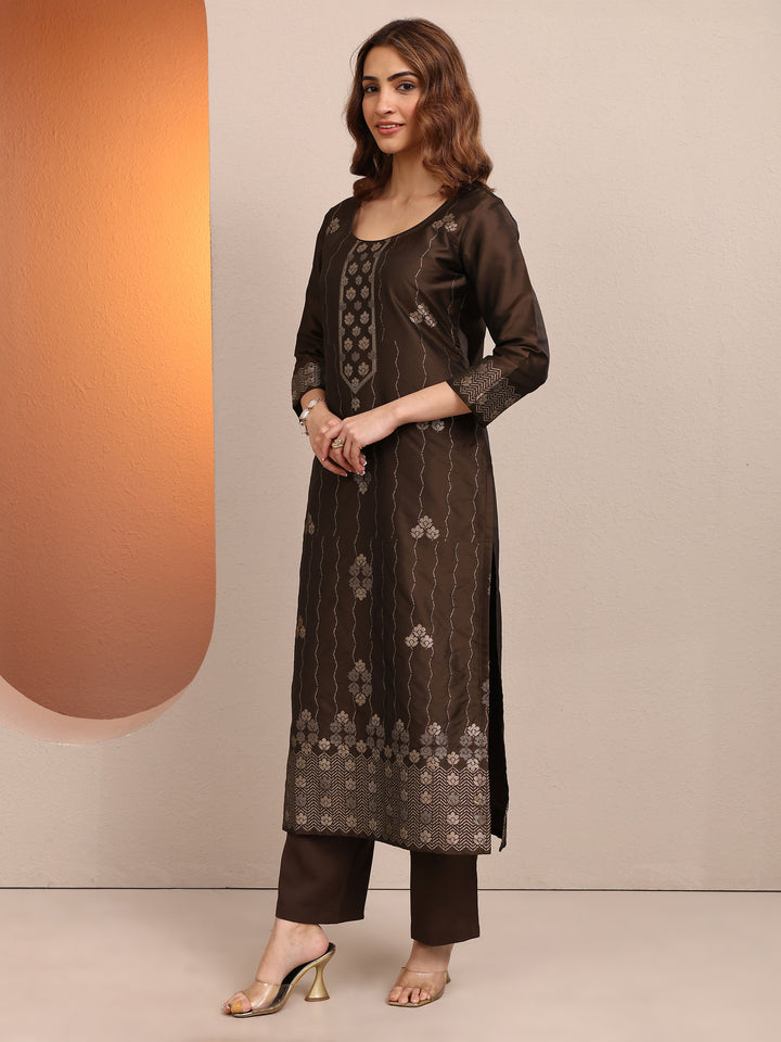 Brown Woven Design Silk Blend Straight Suit Set With Dupatta