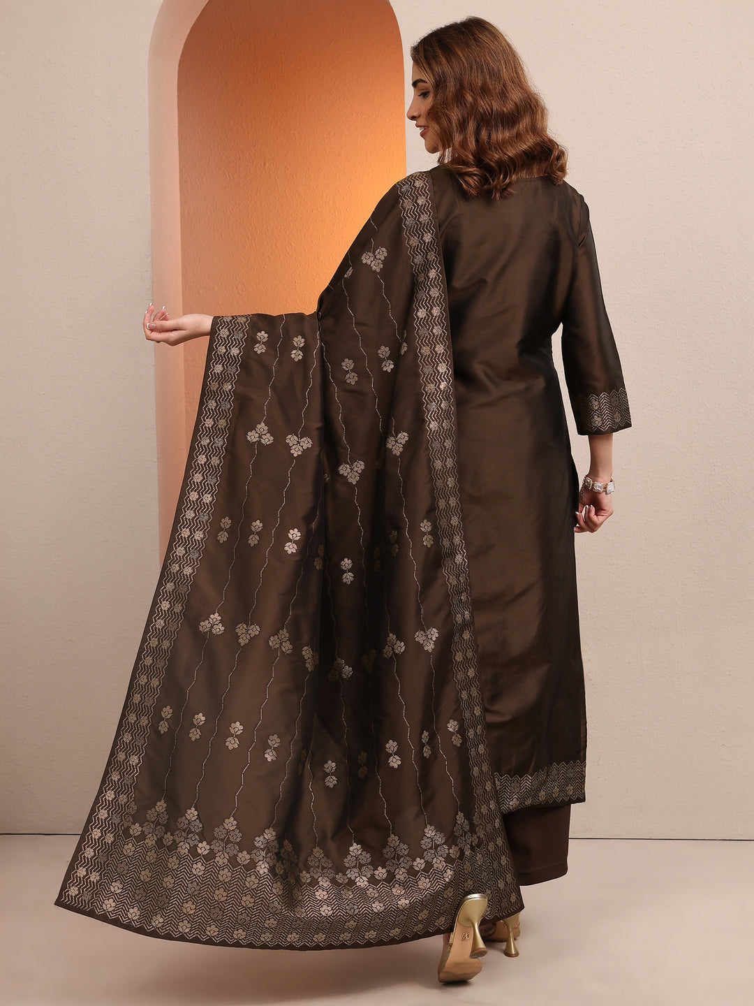Brown Woven Design Silk Blend Straight Suit Set With Dupatta