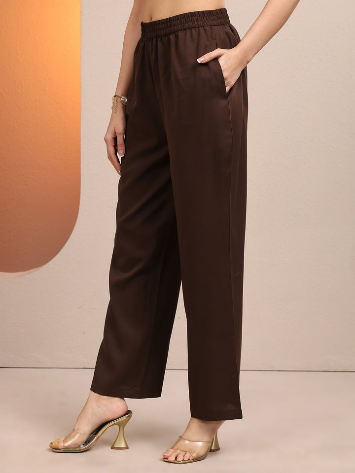 Brown Woven Design Silk Blend Straight Suit Set With Dupatta