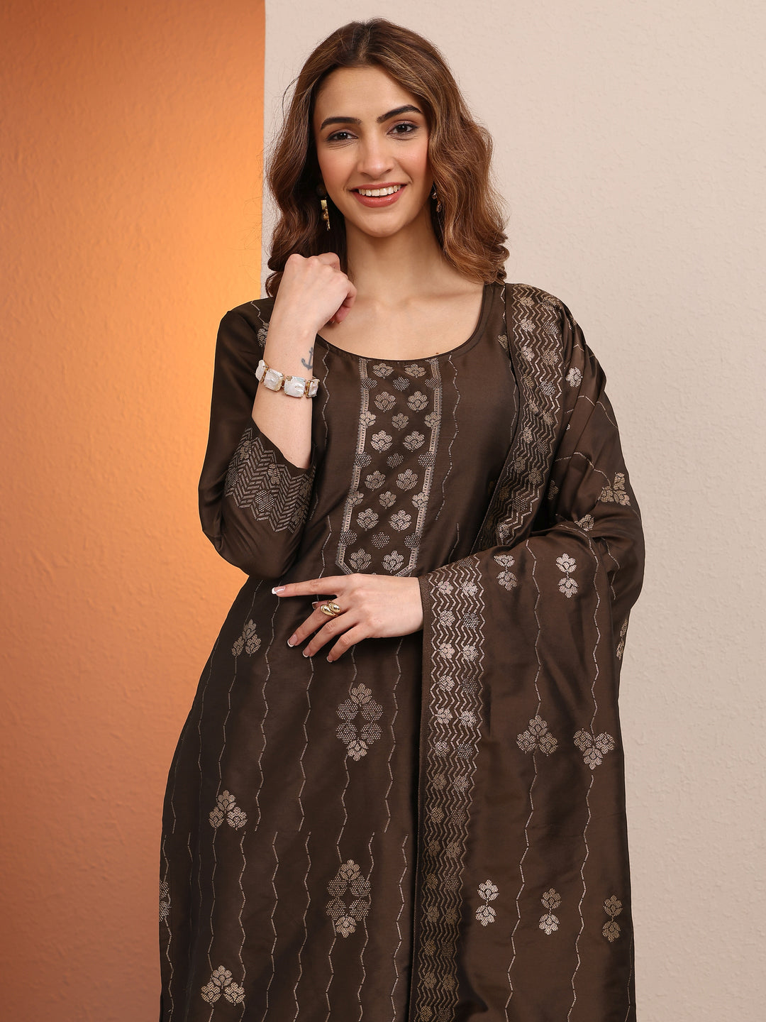 Brown Woven Design Silk Blend Straight Suit Set With Dupatta