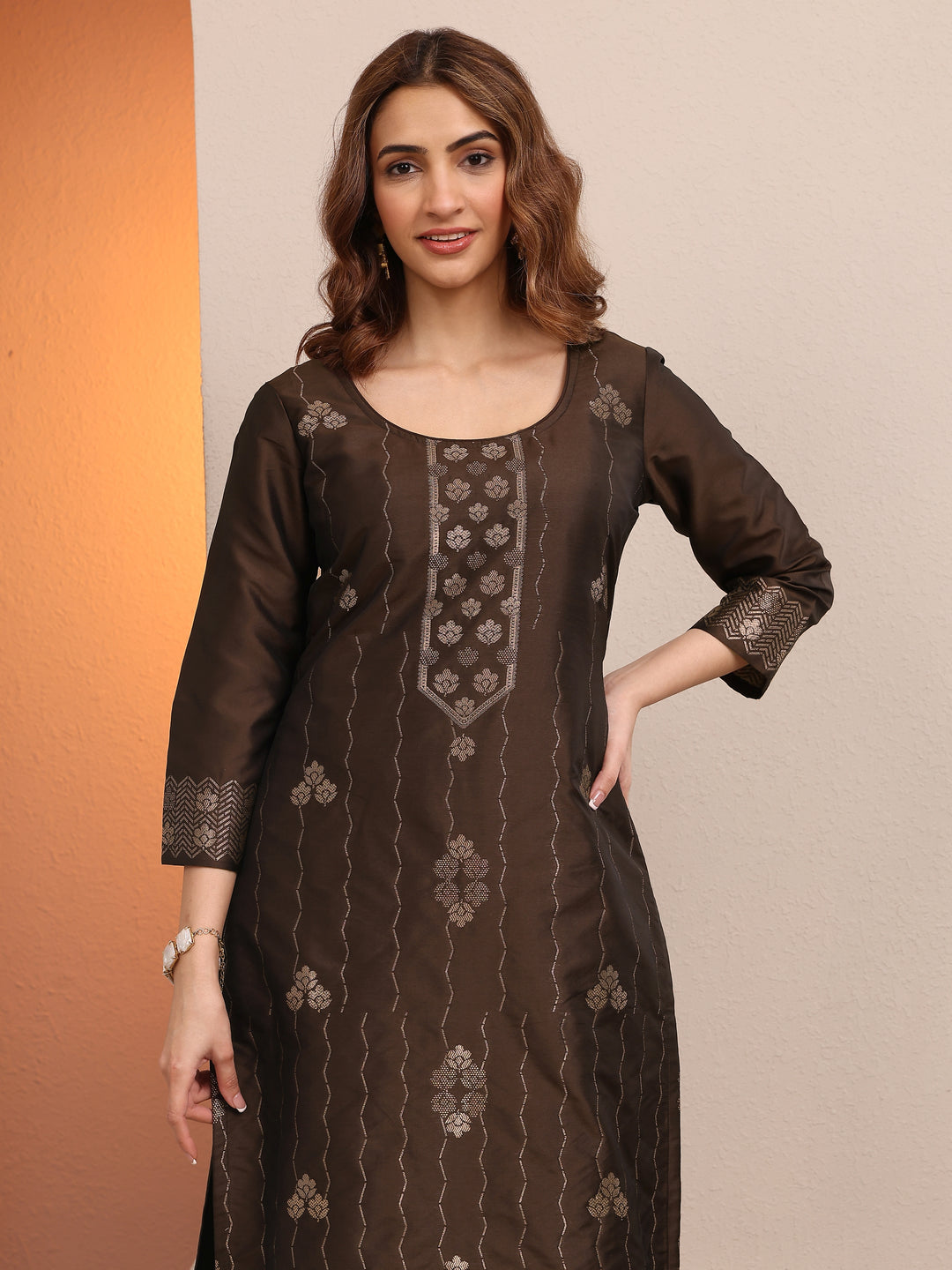 Brown Woven Design Silk Blend Straight Suit Set With Dupatta