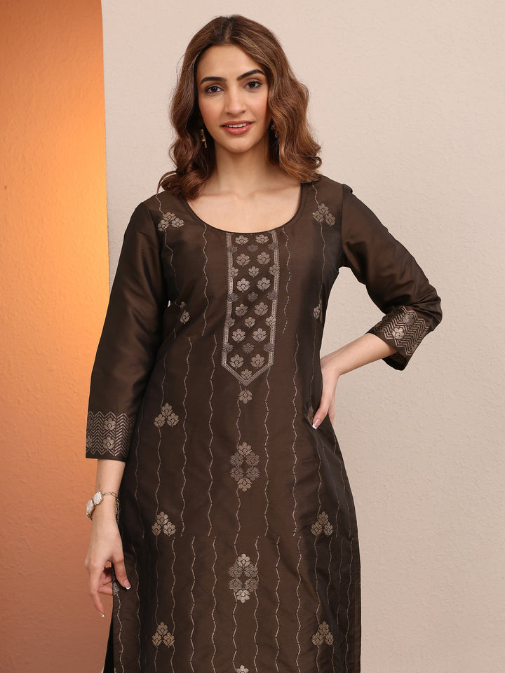 Brown Woven Design Silk Blend Straight Suit Set With Dupatta