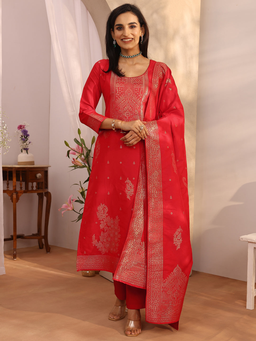 Red Woven Design Silk blend Straight Suit Set With Dupatta