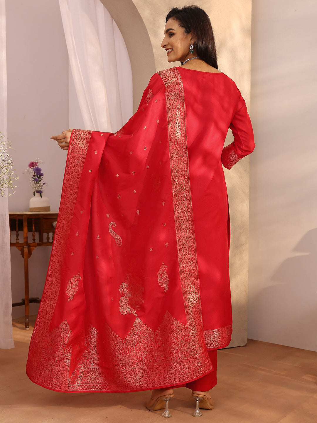 Red Woven Design Silk blend Straight Suit Set With Dupatta