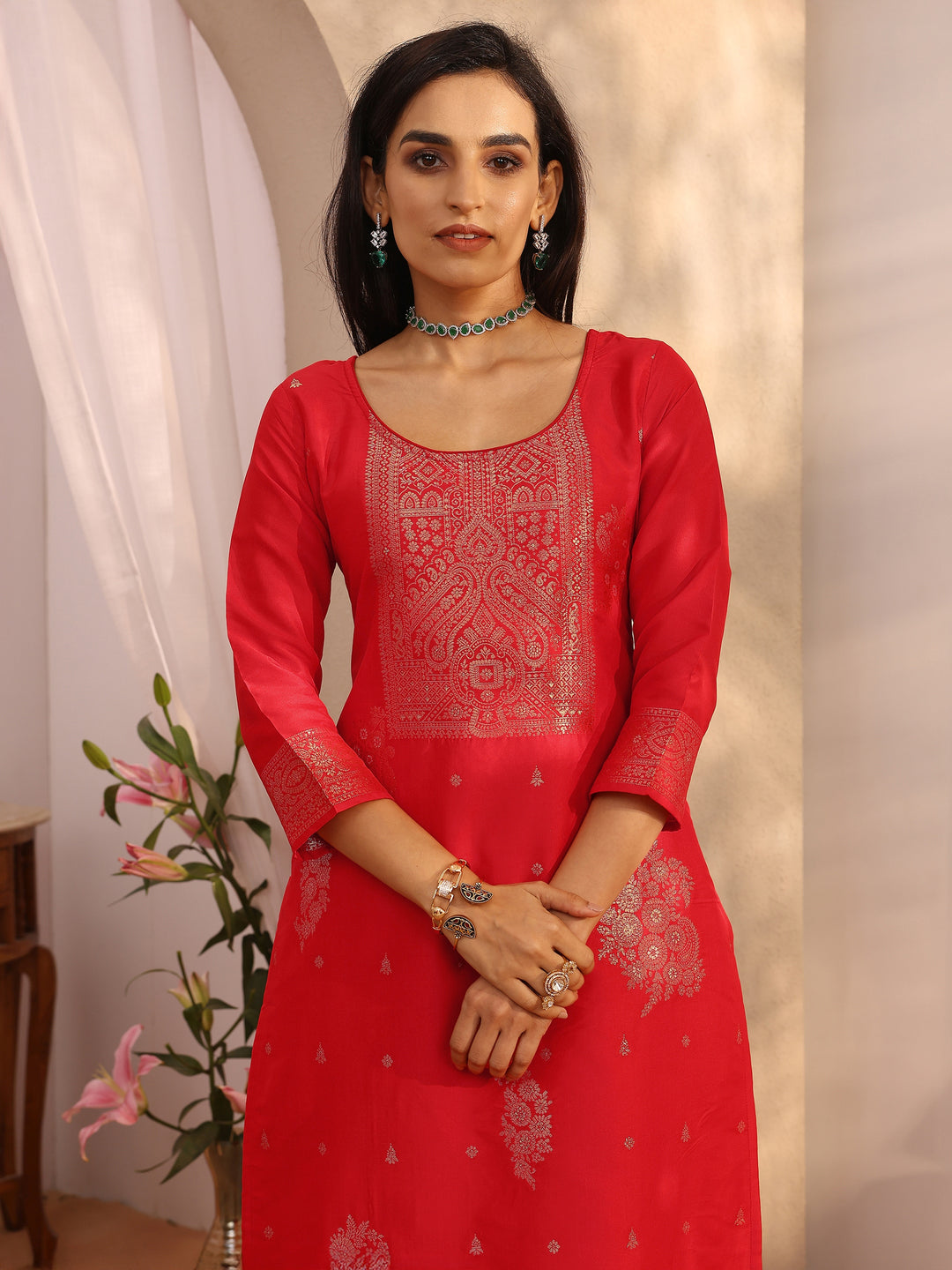 Red Woven Design Silk blend Straight Suit Set With Dupatta