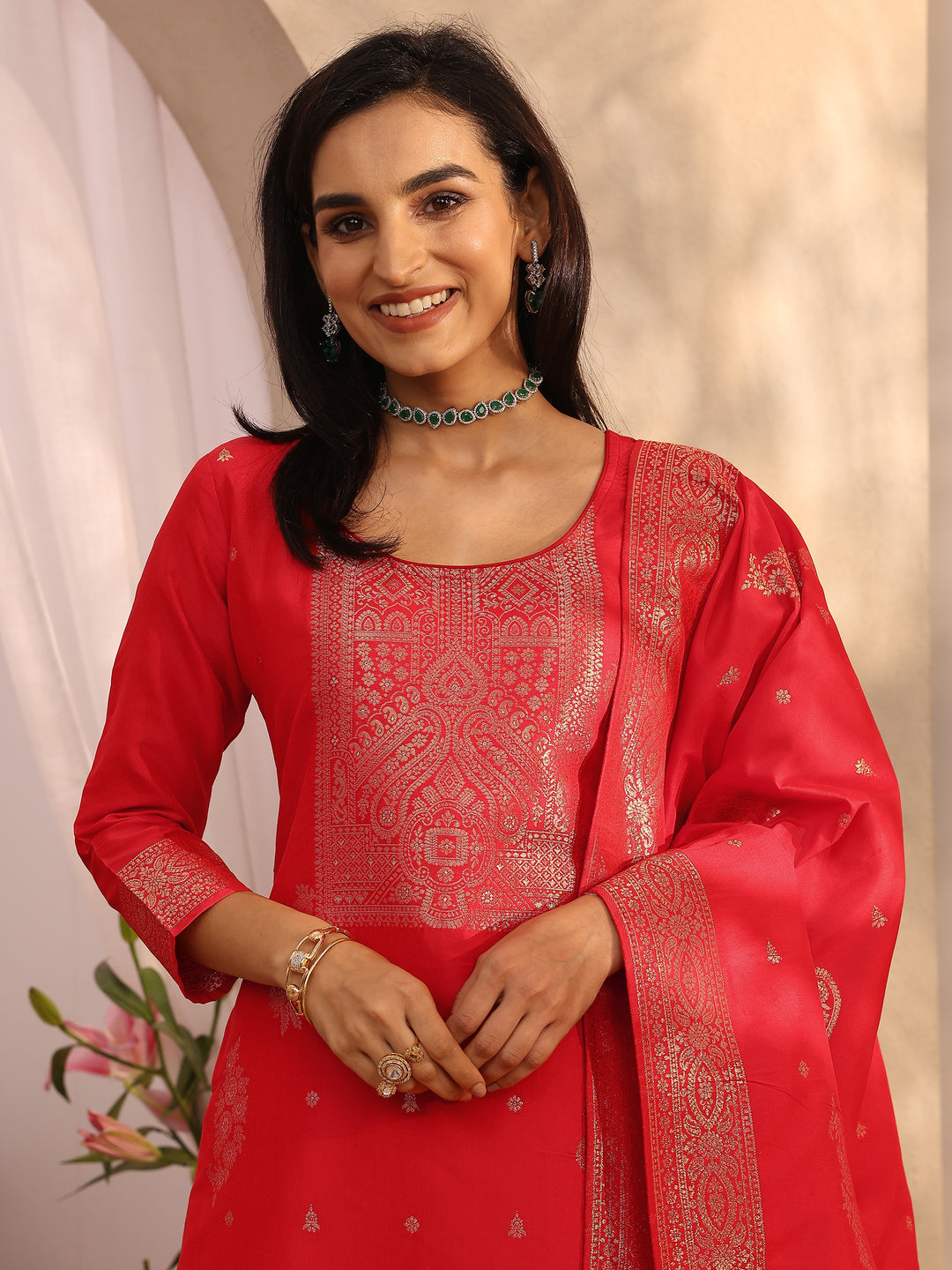 Red Woven Design Silk blend Straight Suit Set With Dupatta