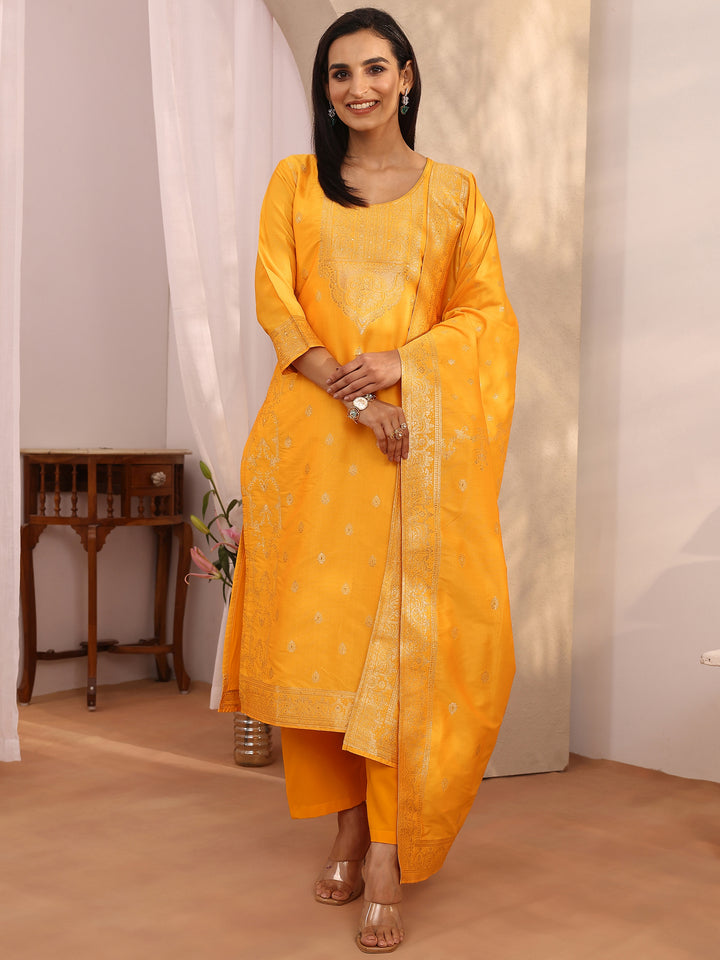 Mustard Woven Design Silk blend Straight Suit Set With Dupatta