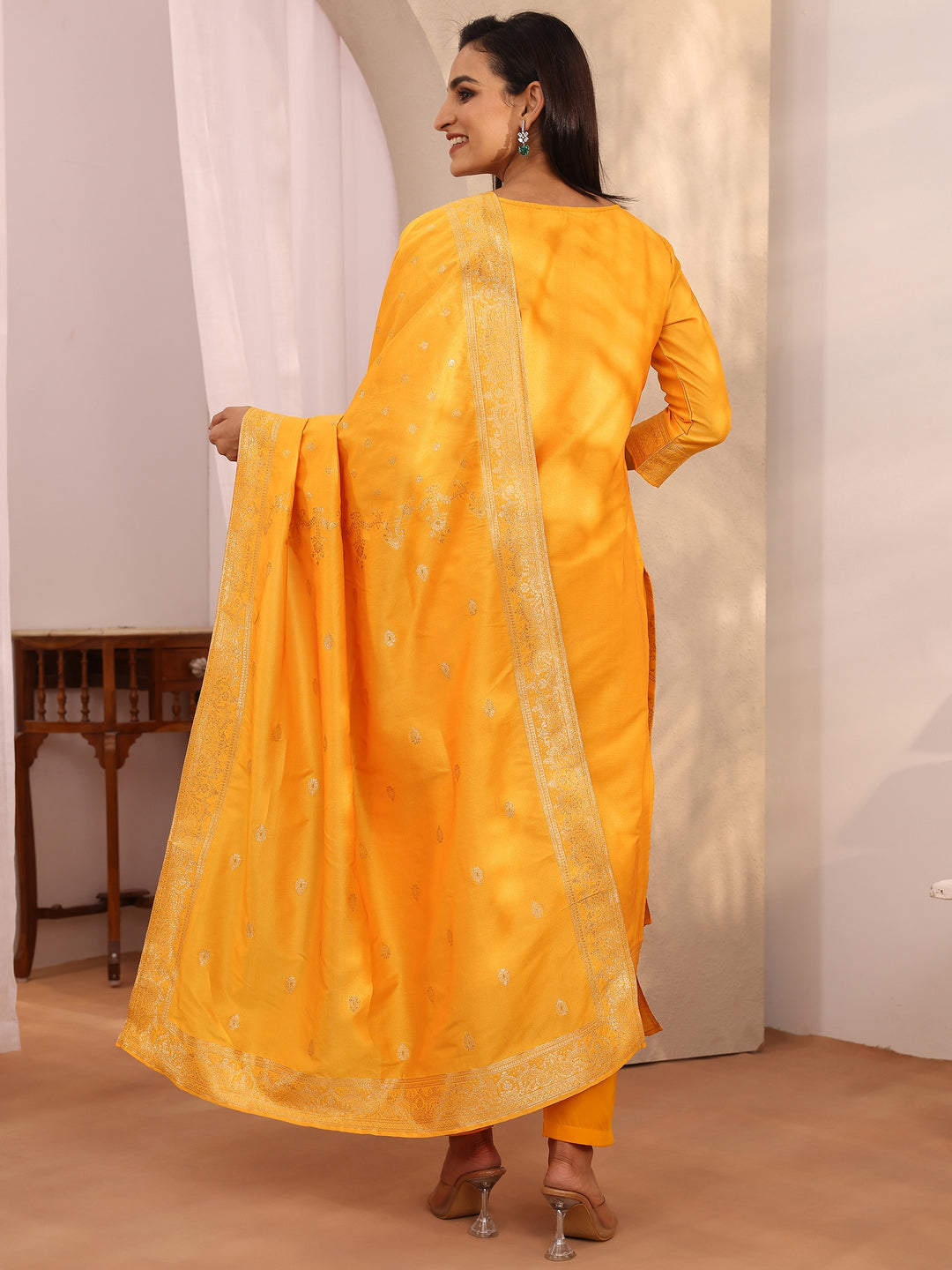 Mustard Woven Design Silk blend Straight Suit Set With Dupatta