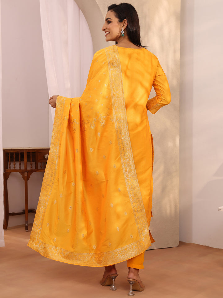 Mustard Woven Design Silk blend Straight Suit Set With Dupatta