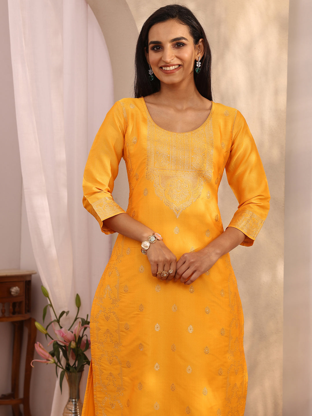 Mustard Woven Design Silk blend Straight Suit Set With Dupatta