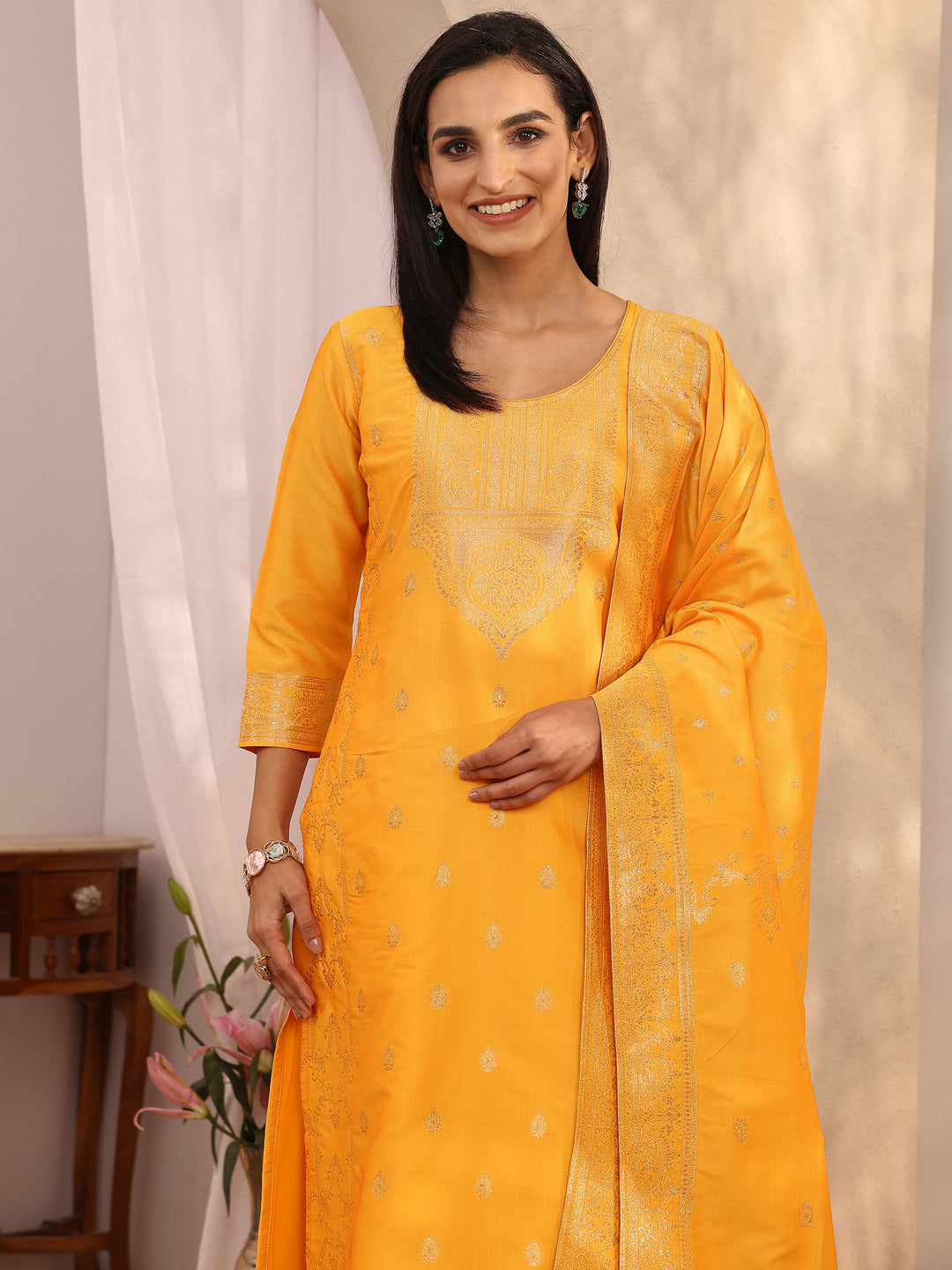 Mustard Woven Design Silk blend Straight Suit Set With Dupatta