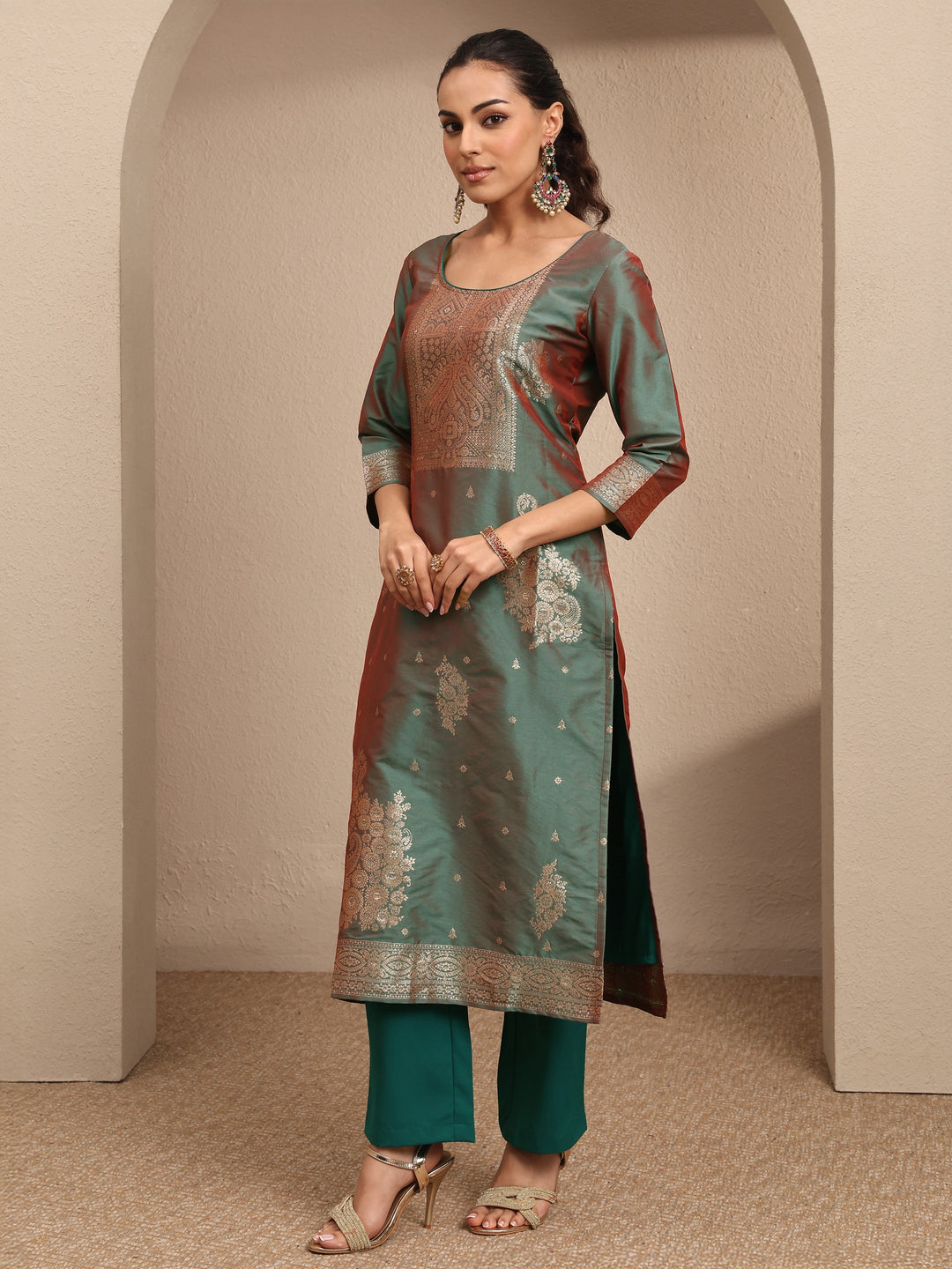 Green Woven Design Silk Blend Straight Suit Set With Dupatta