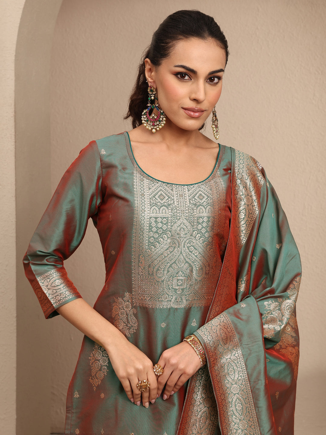 Green Woven Design Silk Blend Straight Suit Set With Dupatta