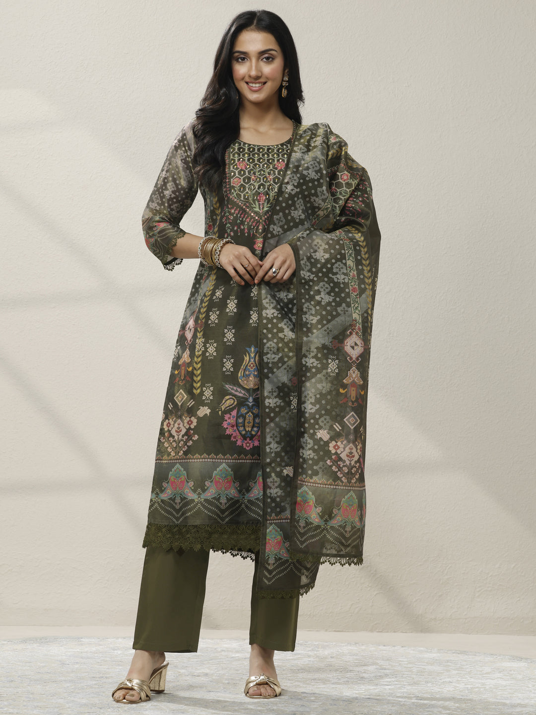 Olive Printed Silk blend Straight Suit Set With Dupatta