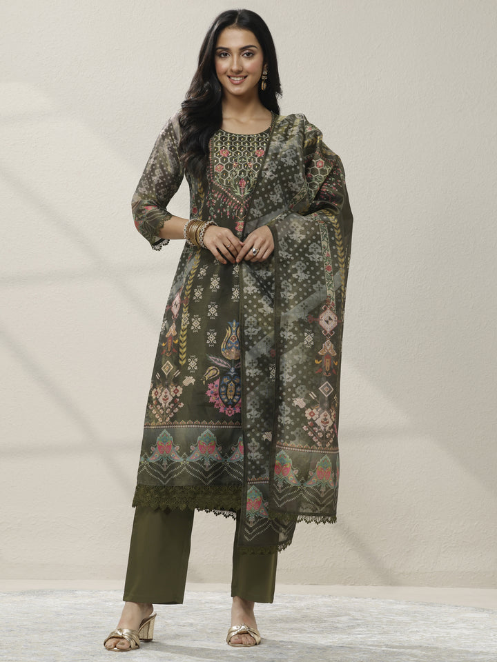 Olive Printed Silk blend Straight Suit Set With Dupatta