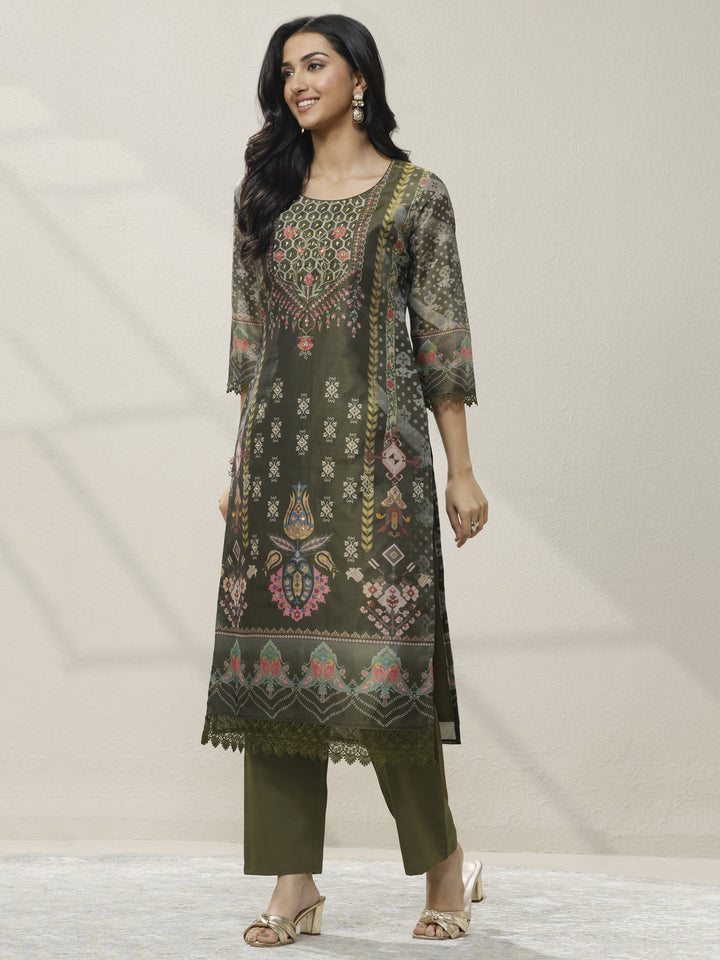 Olive Printed Silk blend Straight Suit Set With Dupatta