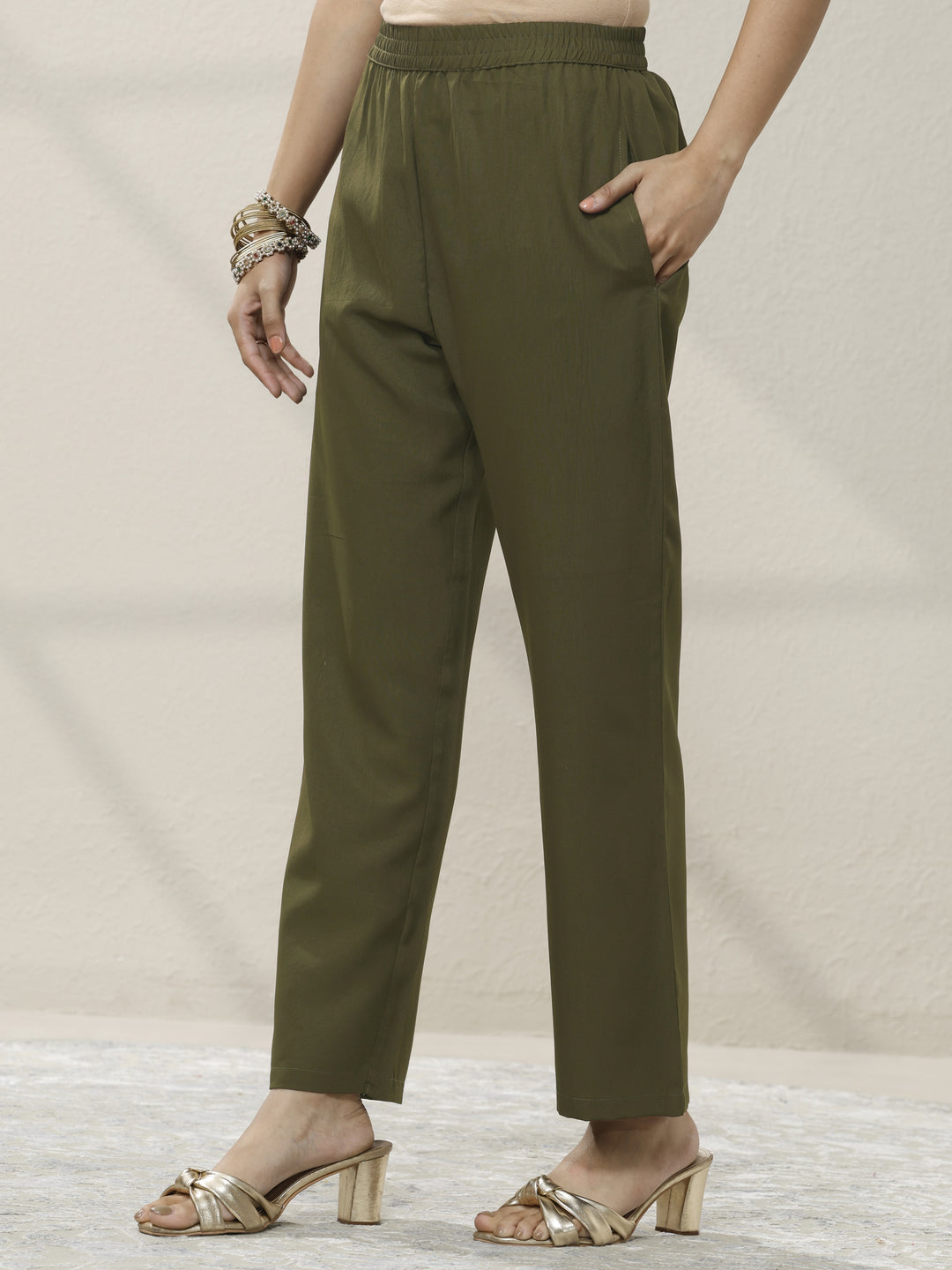 Olive Printed Silk blend Straight Suit Set With Dupatta