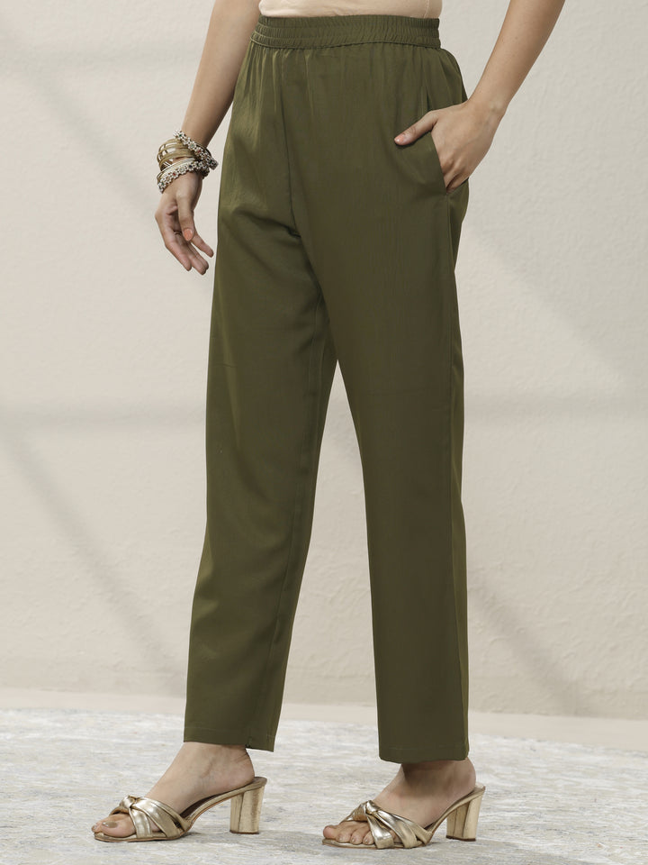 Olive Printed Silk blend Straight Suit Set With Dupatta