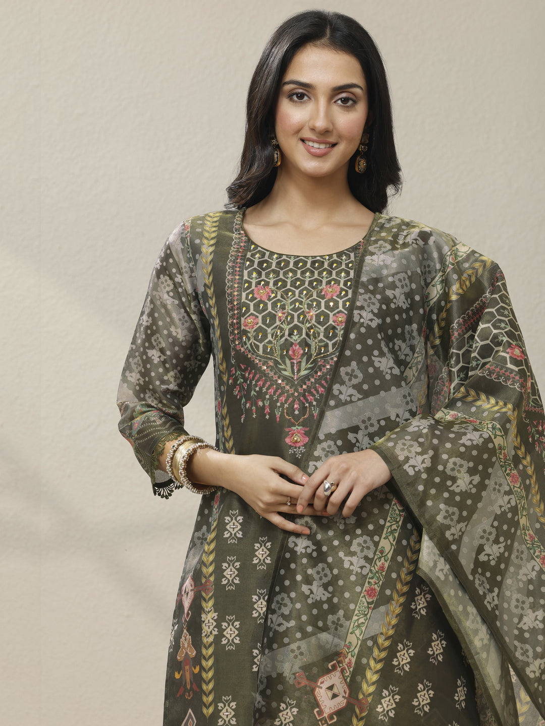 Olive Printed Silk blend Straight Suit Set With Dupatta