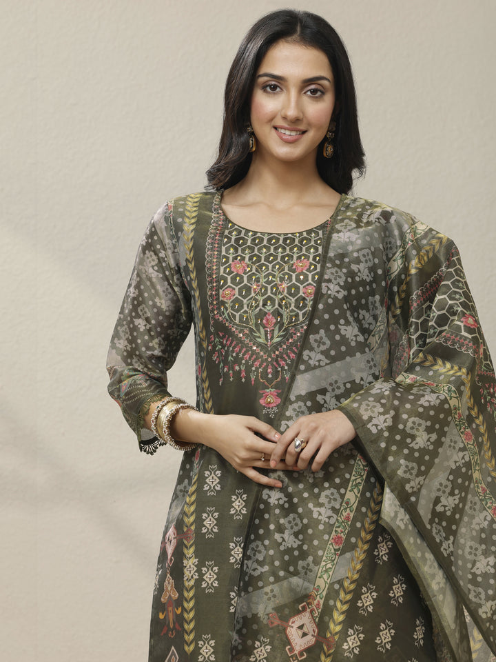 Olive Printed Silk blend Straight Suit Set With Dupatta
