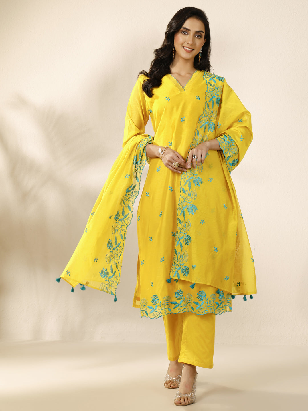 Mustard Embroidered Silk Blend Straight Suit Set With Dupatta
