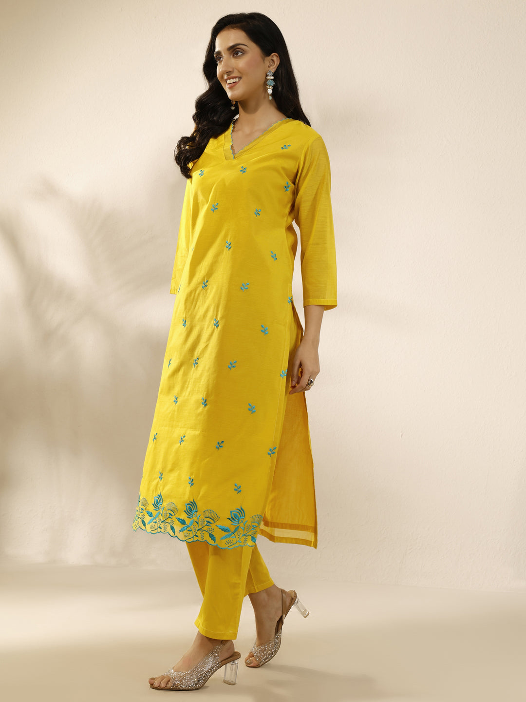 Mustard Embroidered Silk Blend Straight Suit Set With Dupatta