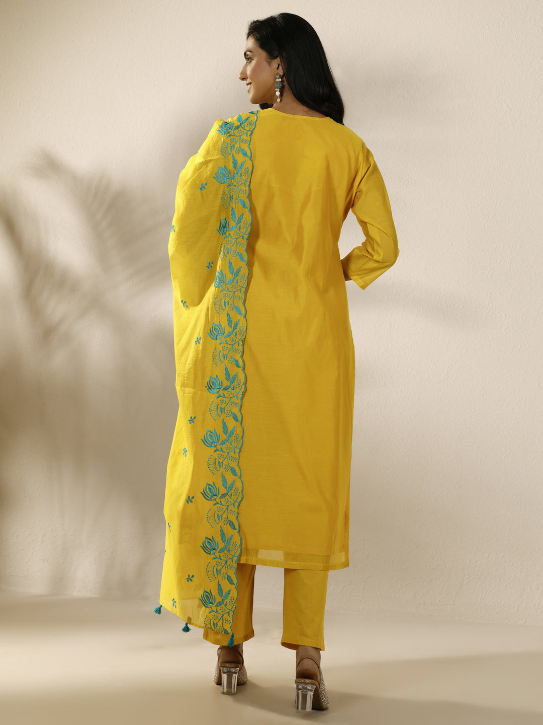 Mustard Embroidered Silk Blend Straight Suit Set With Dupatta