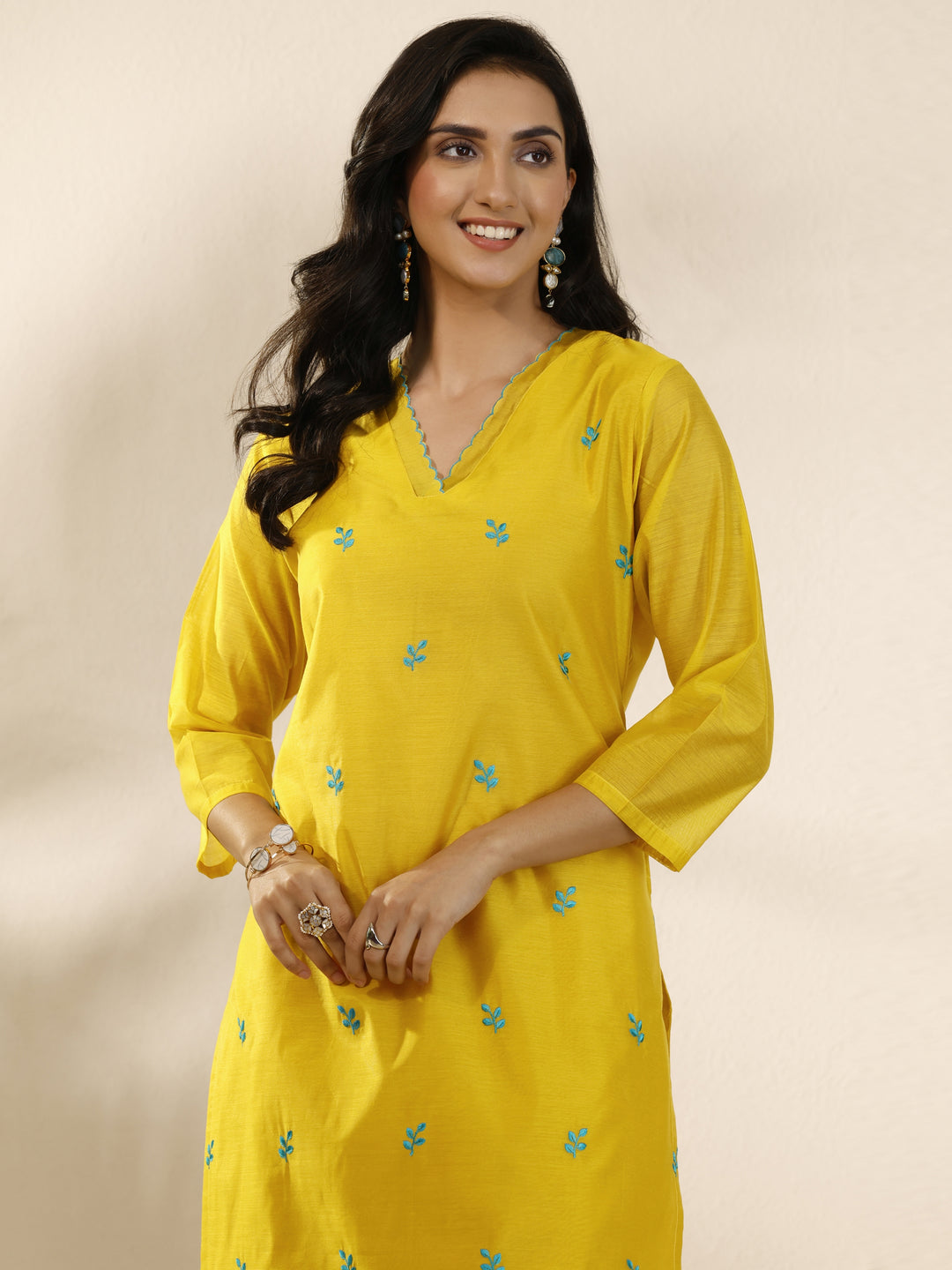 Mustard Embroidered Silk Blend Straight Suit Set With Dupatta