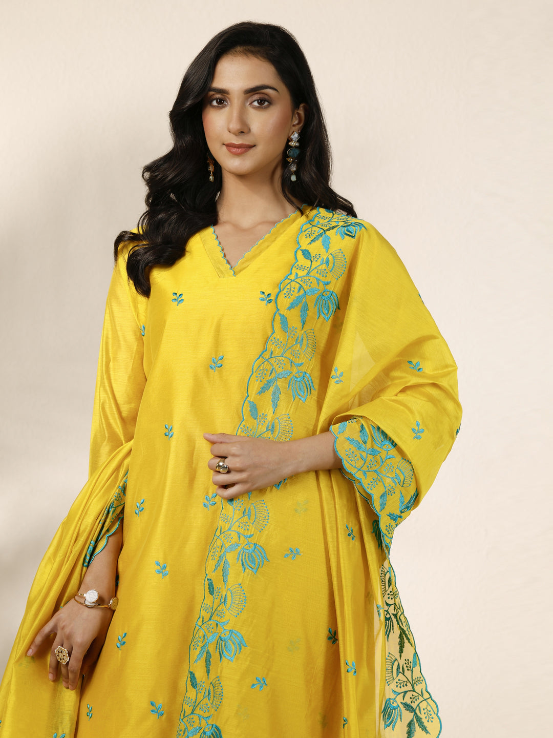 Mustard Embroidered Silk Blend Straight Suit Set With Dupatta