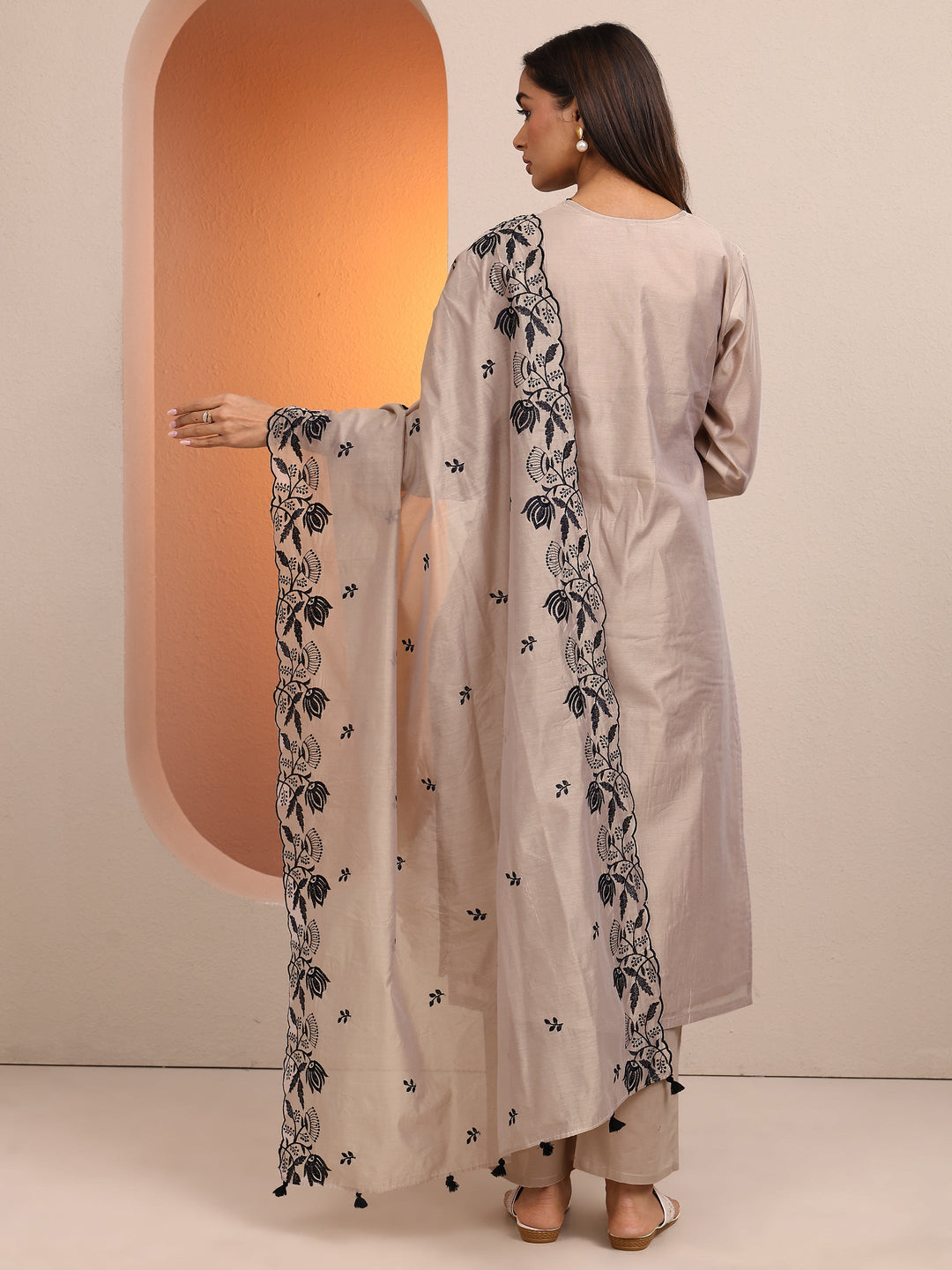 Beige Embroidered Silk blend Straight Suit Set With Dupatta