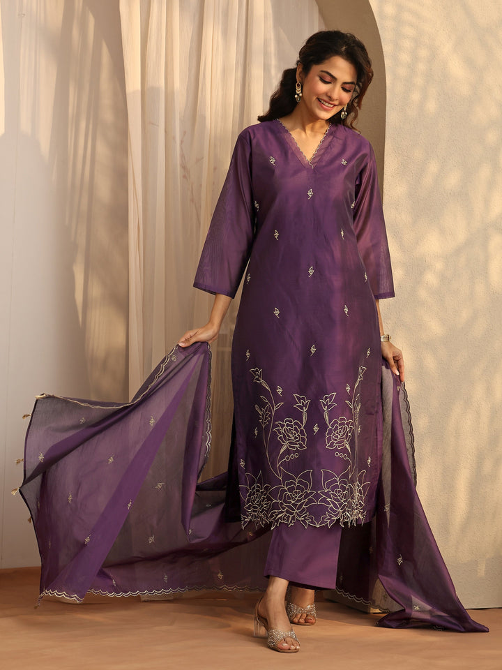 Purple Embroidered Silk Blend Straight Suit Set With Dupatta
