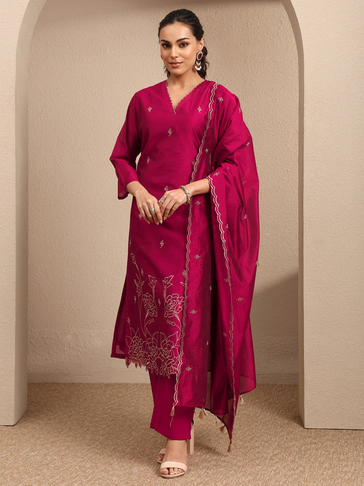 Maroon Embroidered Silk Blend Straight Suit Set With Dupatta