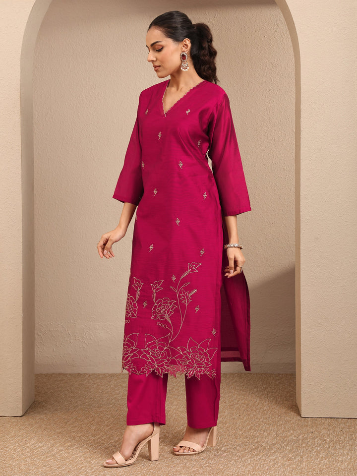 Maroon Embroidered Silk Blend Straight Suit Set With Dupatta