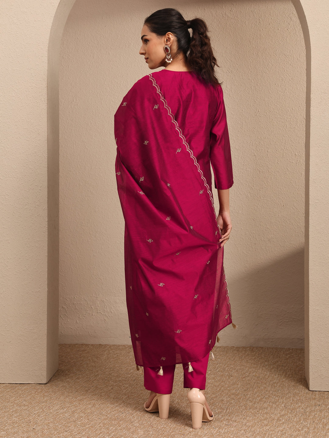 Maroon Embroidered Silk Blend Straight Suit Set With Dupatta