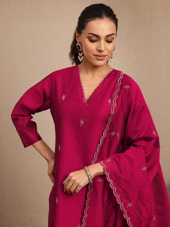 Maroon Embroidered Silk Blend Straight Suit Set With Dupatta