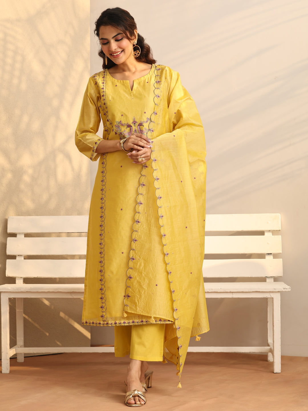 Yellow Embroidered Silk Blend Straight Suit Set With Dupatta