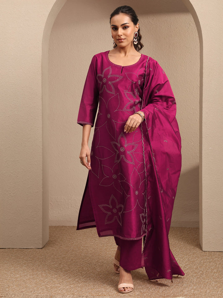 Magenta Embroidered Silk Blend Straight Suit Set With Dupatta