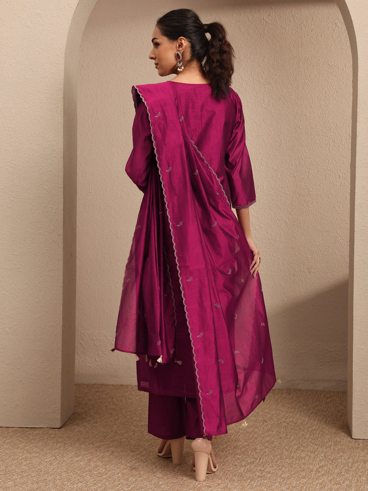 Magenta Embroidered Silk Blend Straight Suit Set With Dupatta