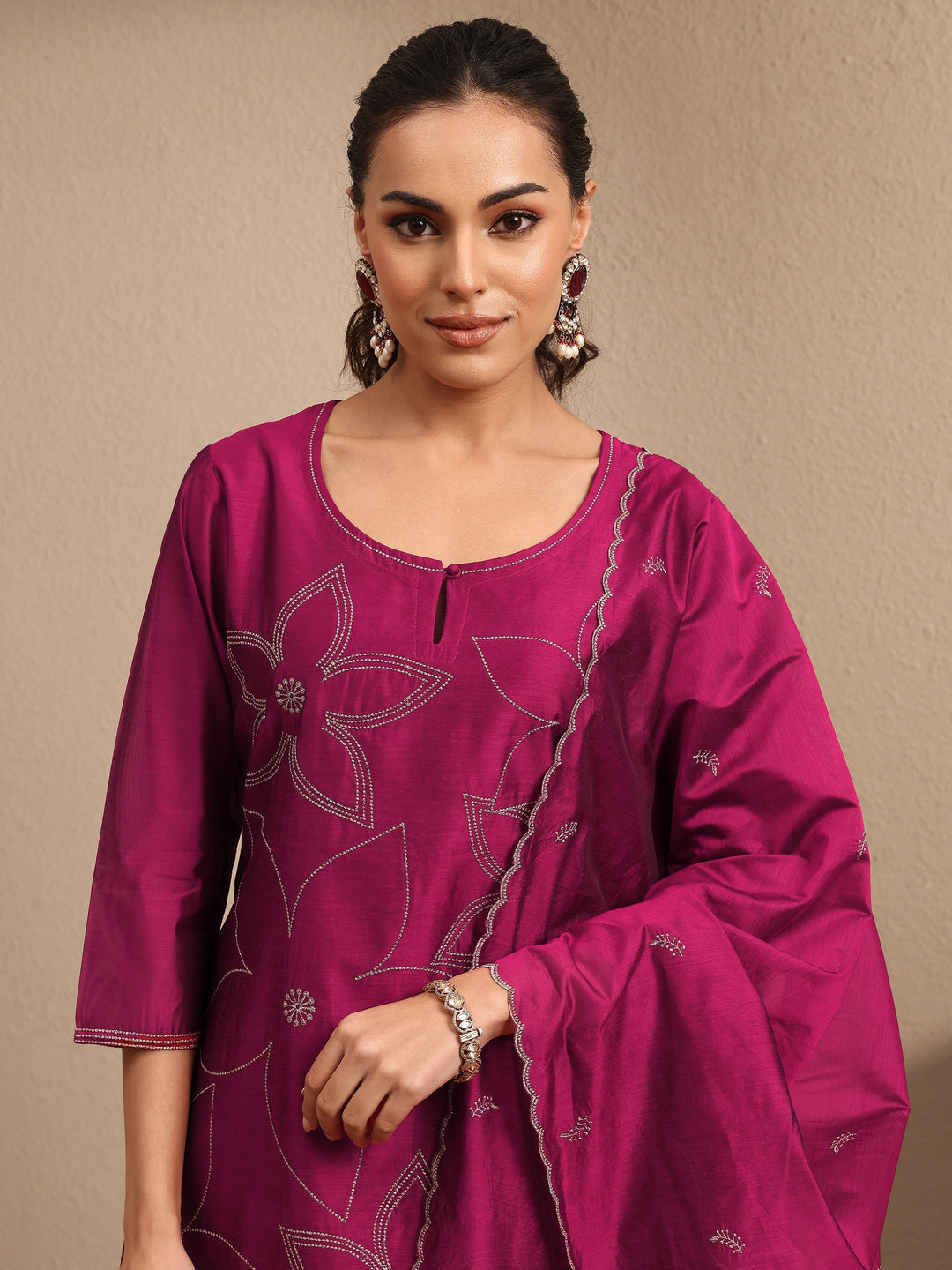 Magenta Embroidered Silk Blend Straight Suit Set With Dupatta