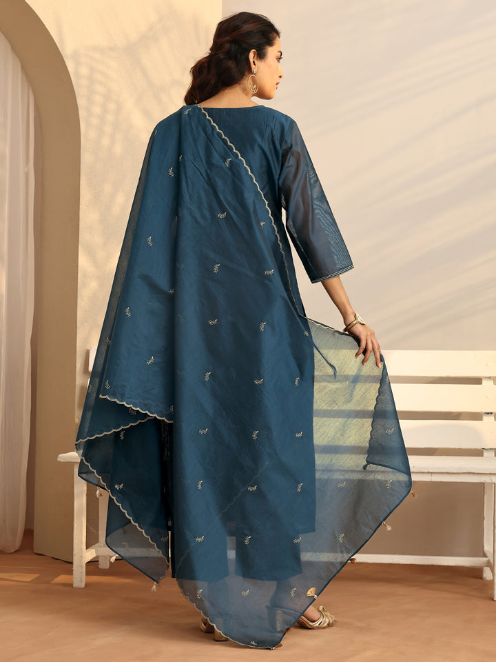 Teal Embroidered Silk Blend Straight Suit Set With Dupatta