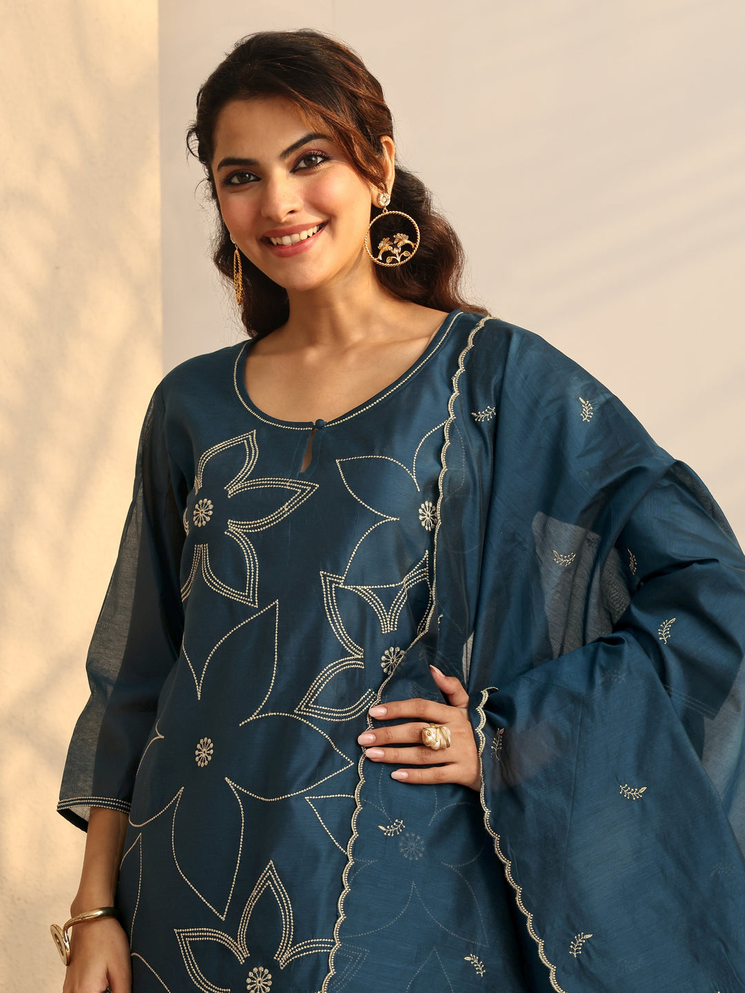 Teal Embroidered Silk Blend Straight Suit Set With Dupatta