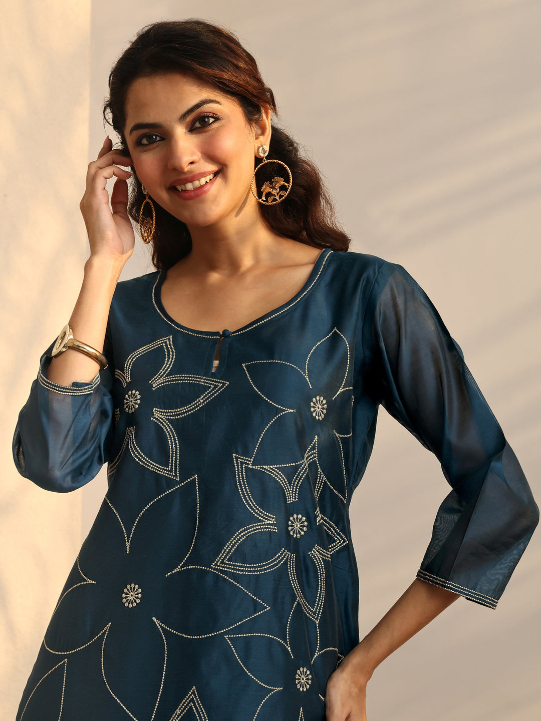 Teal Embroidered Silk Blend Straight Suit Set With Dupatta