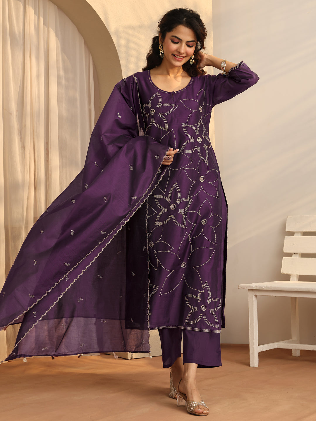 Purple Printed Silk Blend Straight Suit Set With Dupatta
