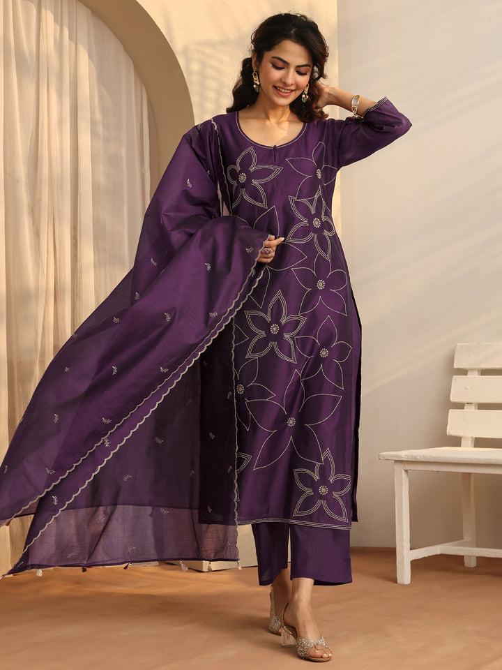 Purple Printed Silk Blend Straight Suit Set With Dupatta