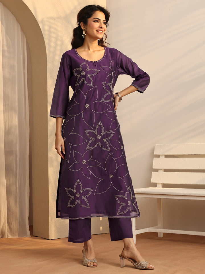 Purple Printed Silk Blend Straight Suit Set With Dupatta