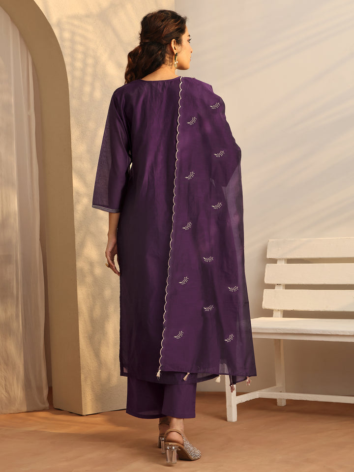 Purple Printed Silk Blend Straight Suit Set With Dupatta