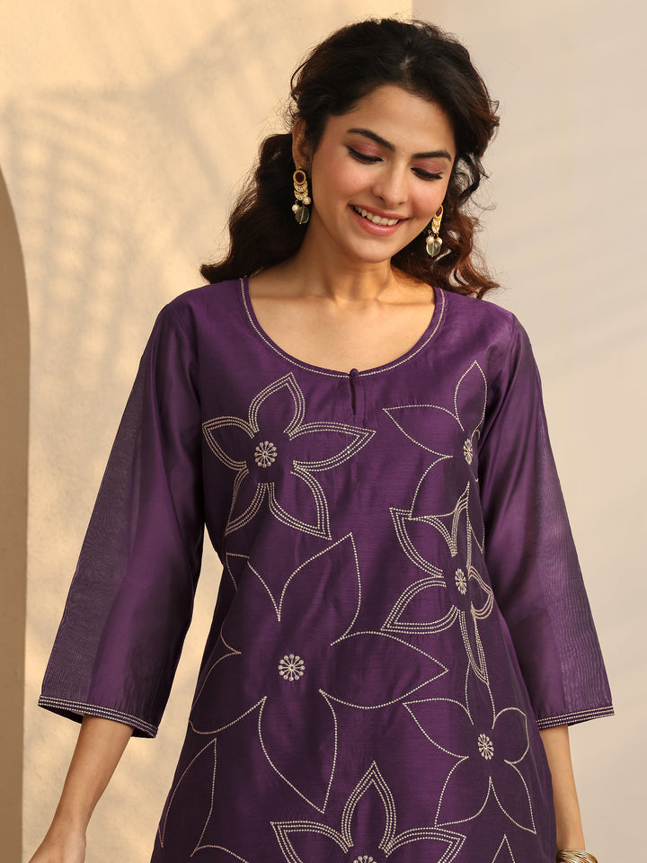 Purple Printed Silk Blend Straight Suit Set With Dupatta