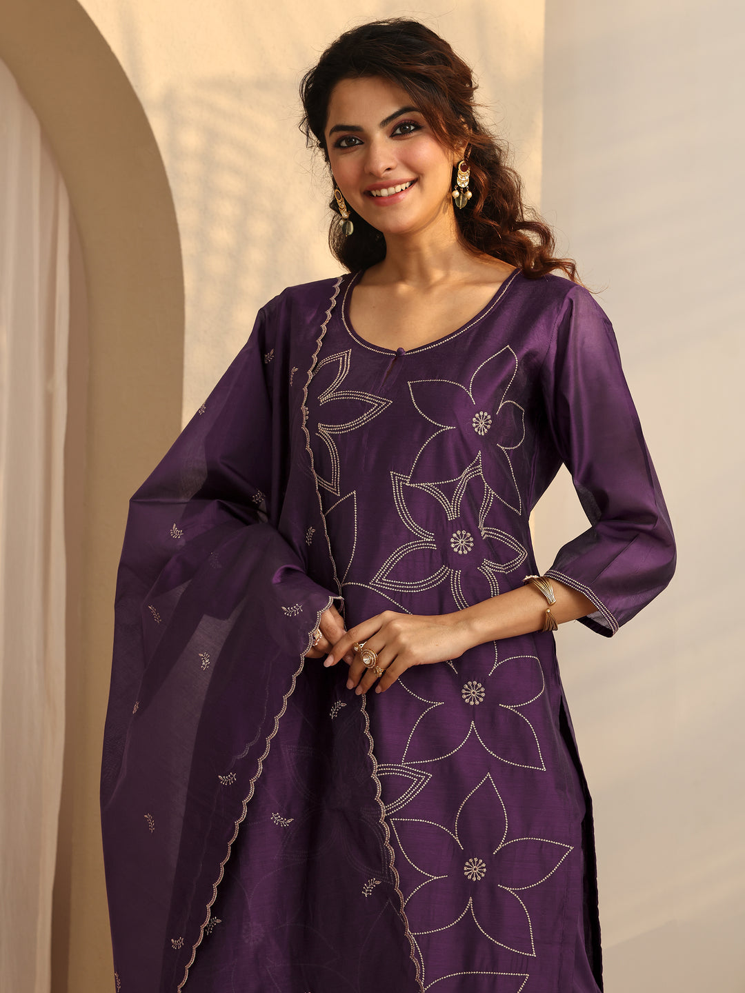 Purple Printed Silk Blend Straight Suit Set With Dupatta