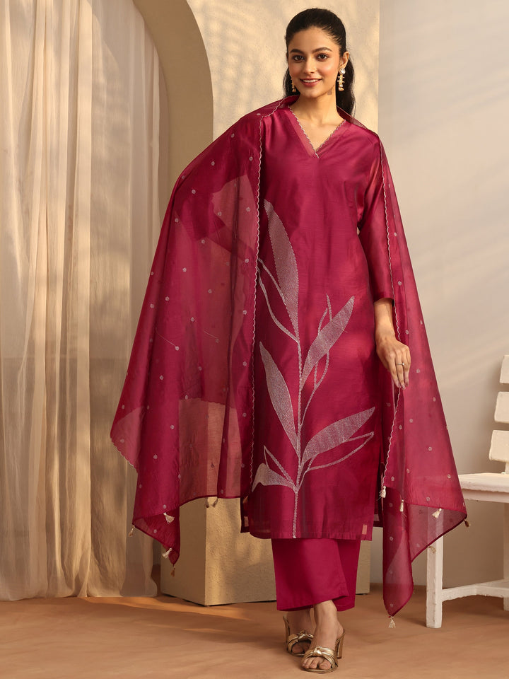 Maroon Embellished Silk Blend Straight Suit Set With Dupatta