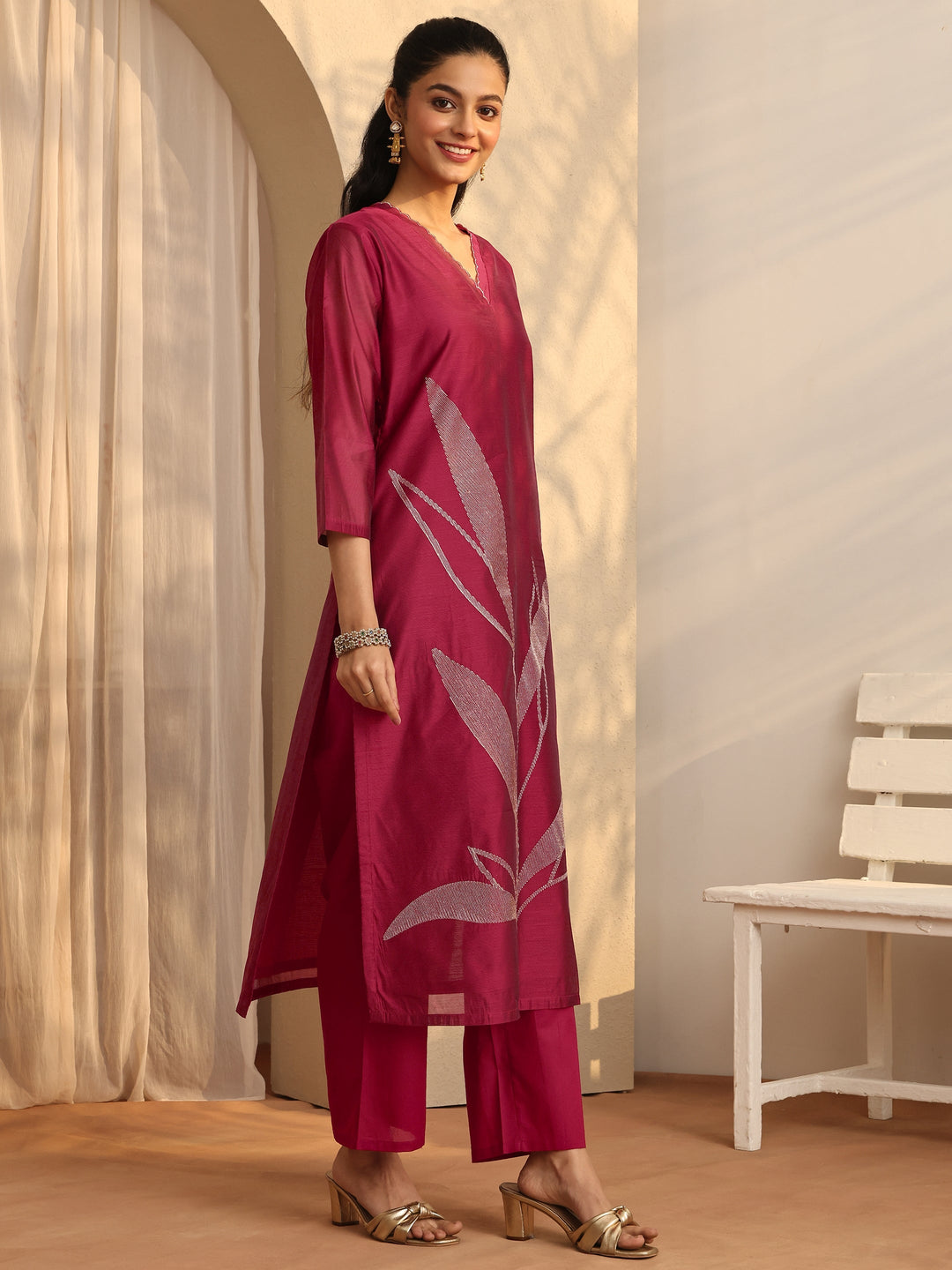Maroon Embellished Silk Blend Straight Suit Set With Dupatta